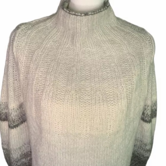 By Anthropologie Women Sweater Wool Alpaca Blend Mock Neck Stripe Gray cream - Picture 6 of 9